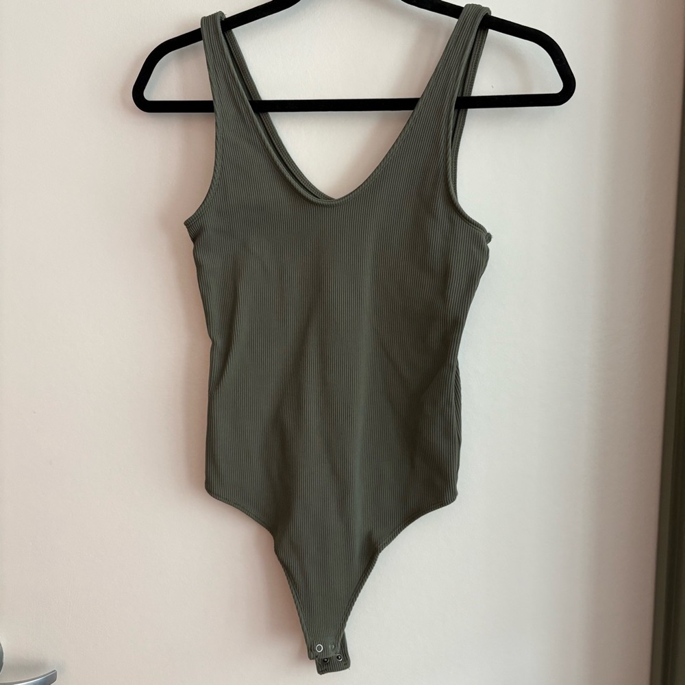 Abercrombie & Fitch Olive Ribbed V-Neck Bodysuit